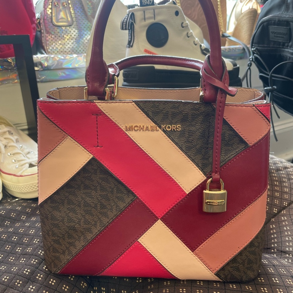 Michael Kors Red and Pink Satchel with Gold Hardware